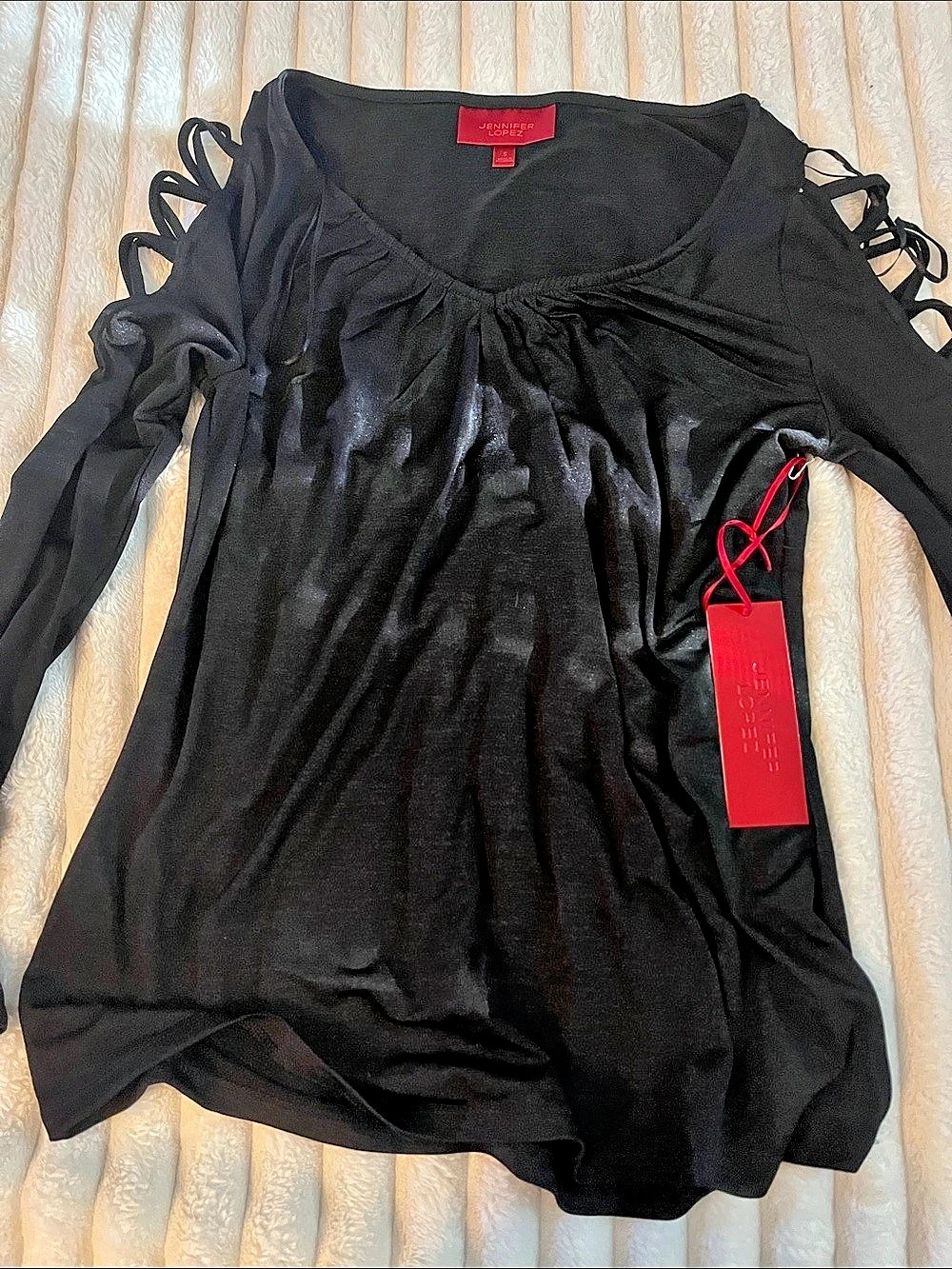 Jennifer Lopez Long Sleeve Tee Black Lace-Up Sleeve Blouse Size Small NWT